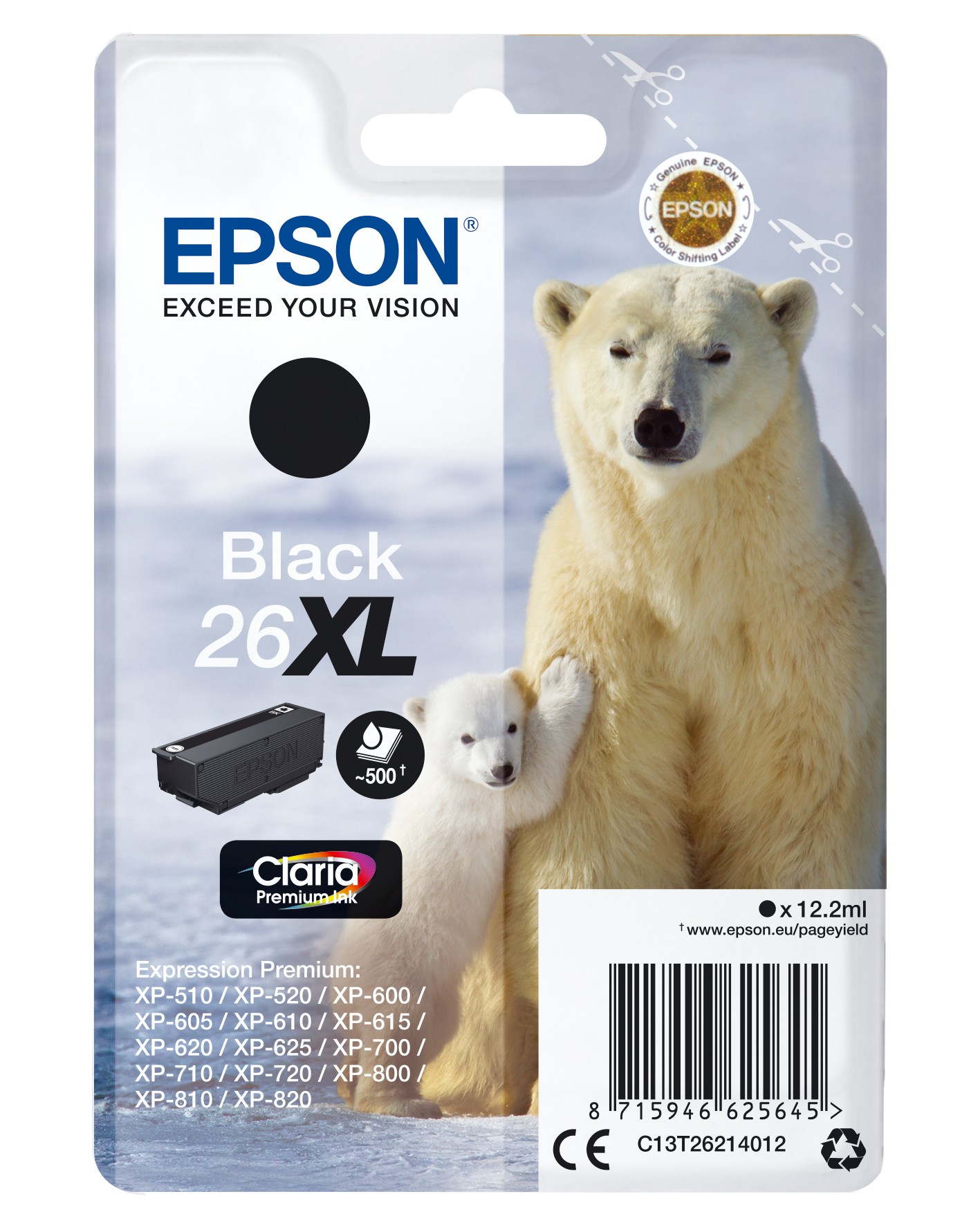 ORIGINALE Epson Cartuccia d'inchiostro nero C13T26214012 26 XL 500 pagine 121ml Cartuccie d?inchiostro XL