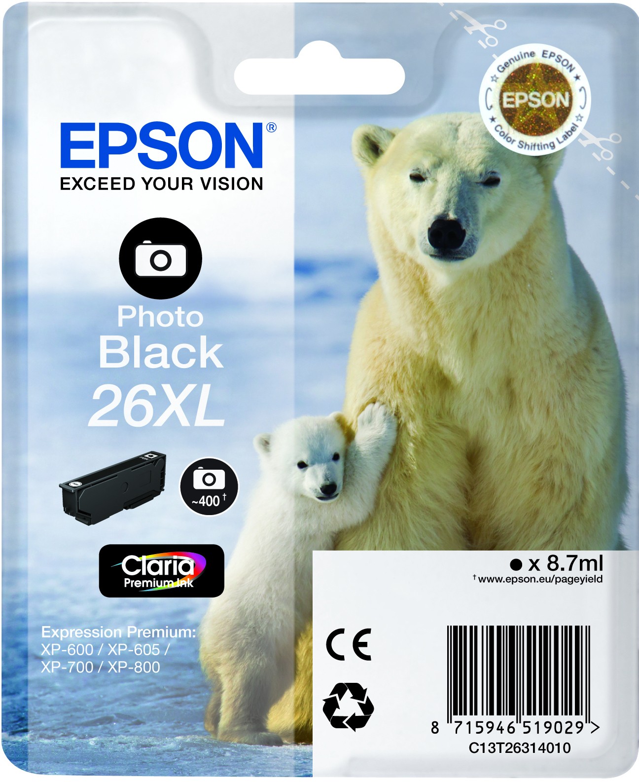 ORIGINALE Epson Cartuccia d'inchiostro Nero (Foto) C13T26314010 26 XL 400 pagine 87ml Cartucce XL foto black