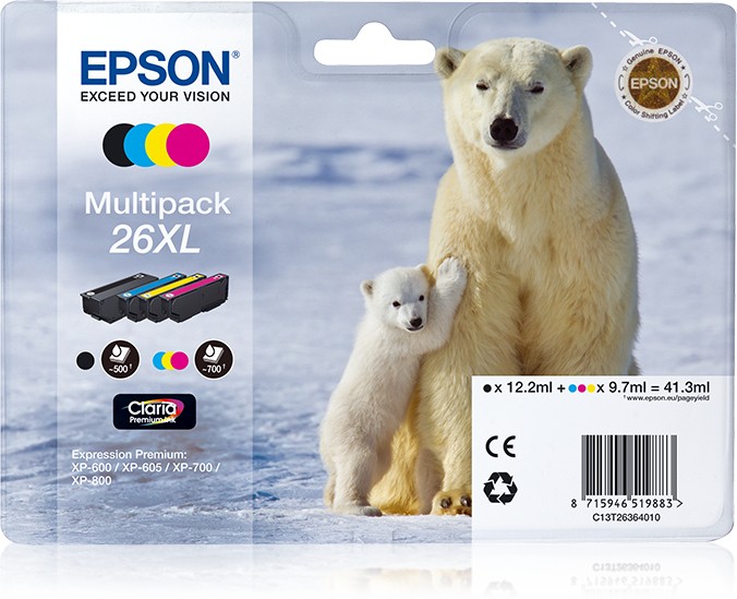 ORIGINALE Epson Multipack nero / ciano / magenta / giallo C13T26364010 26 XL 4 cartucce d'inchiostro XL: T2621 + T2632 + T2633 + T2634