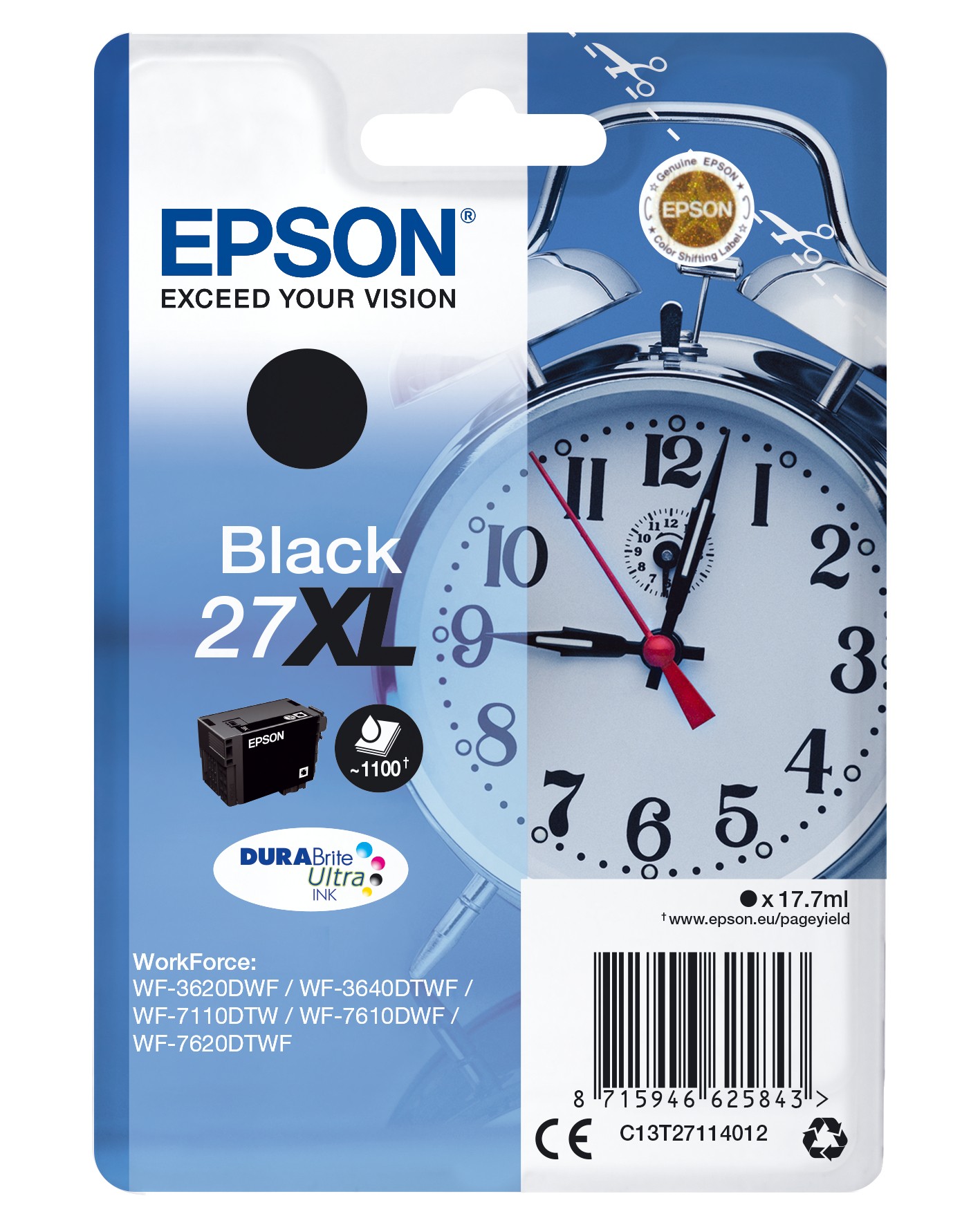 ORIGINALE Epson Cartuccia d'inchiostro nero C13T27114012 27 XL 1100 pagine 177ml XL