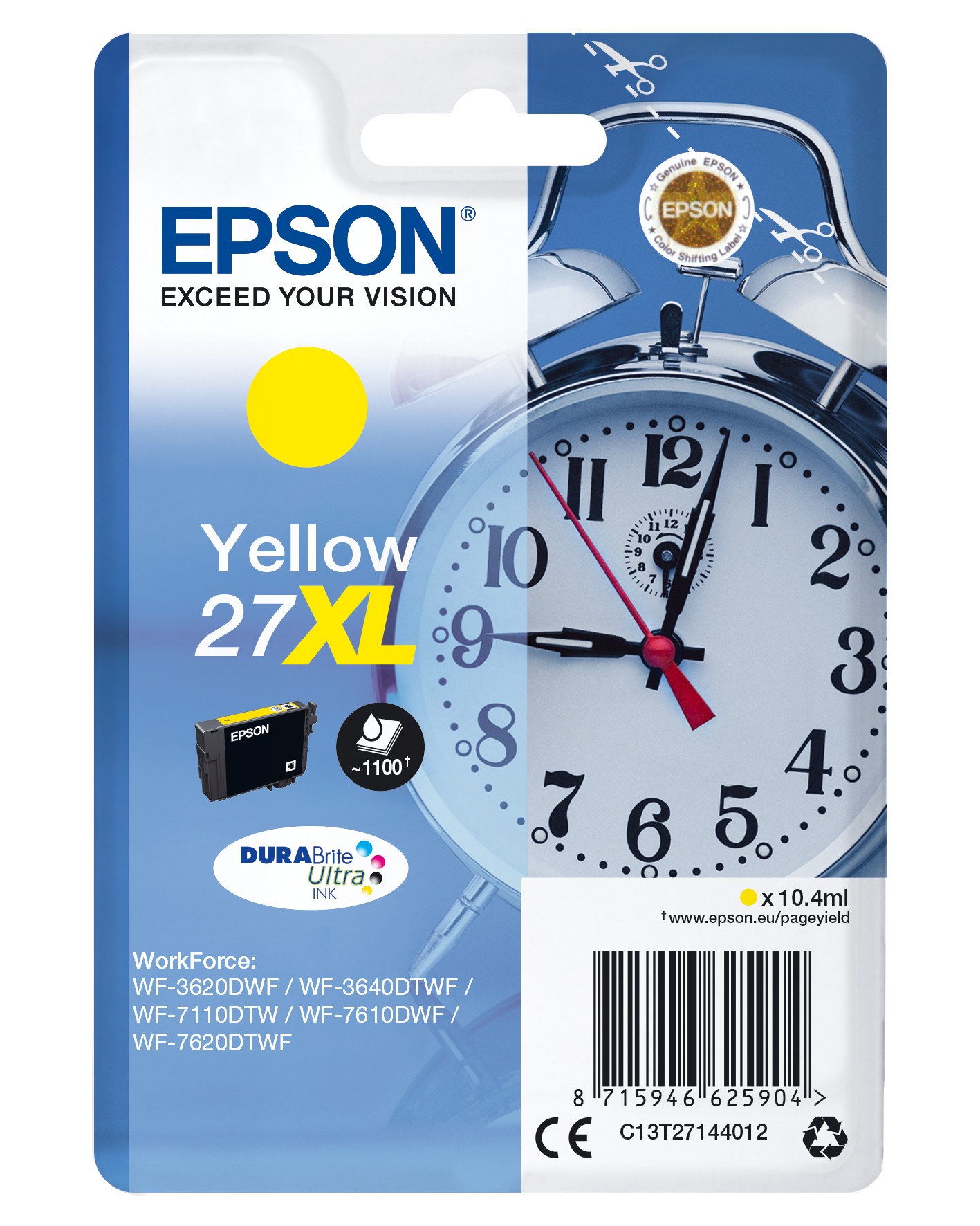 ORIGINALE Epson Cartuccia d'inchiostro giallo C13T27144012 27 XL 1100 pagine 104ml XL