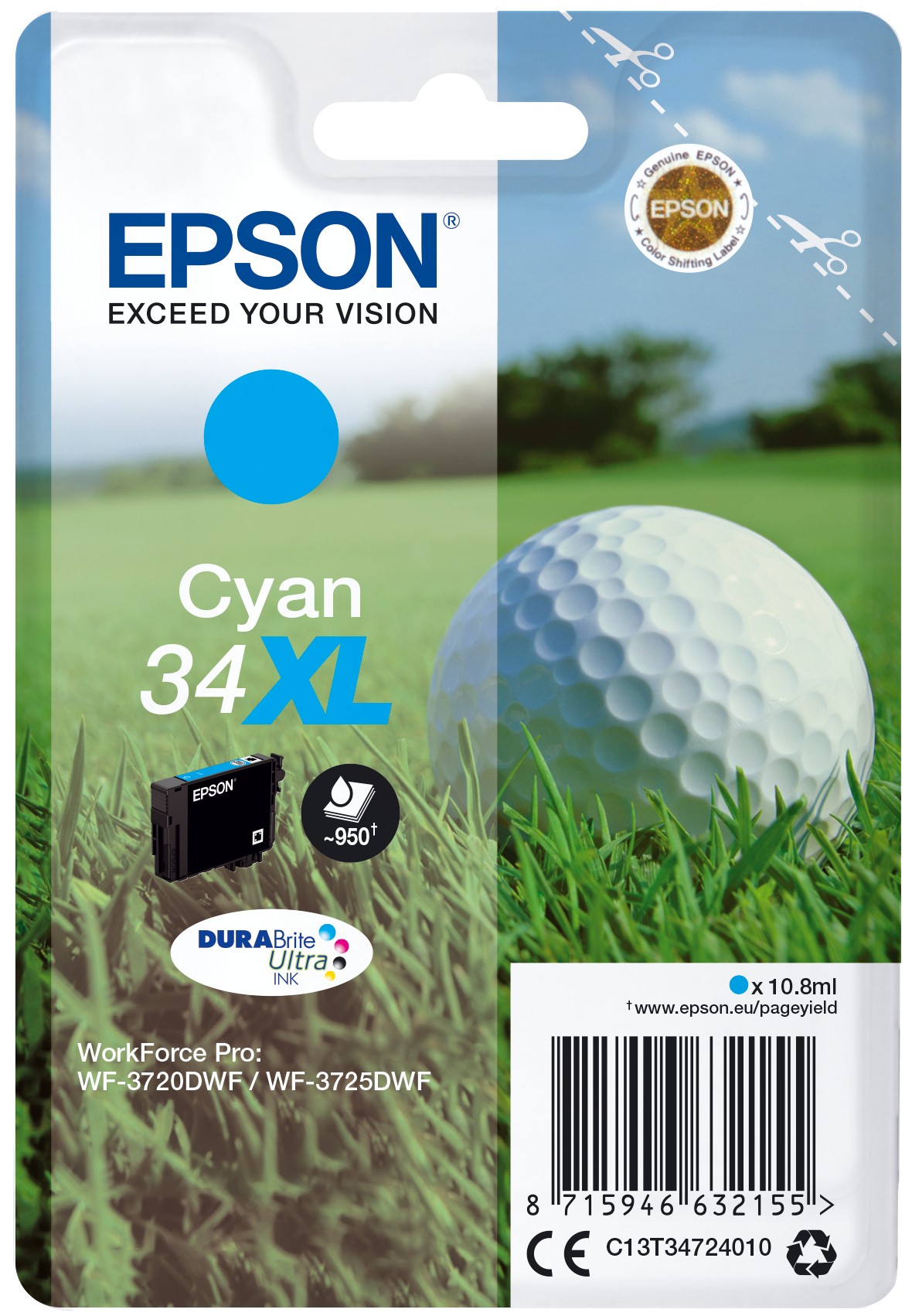 ORIGINALE Epson Cartuccia d'inchiostro ciano C13T34724010 34 XL 950 pagine 108ml