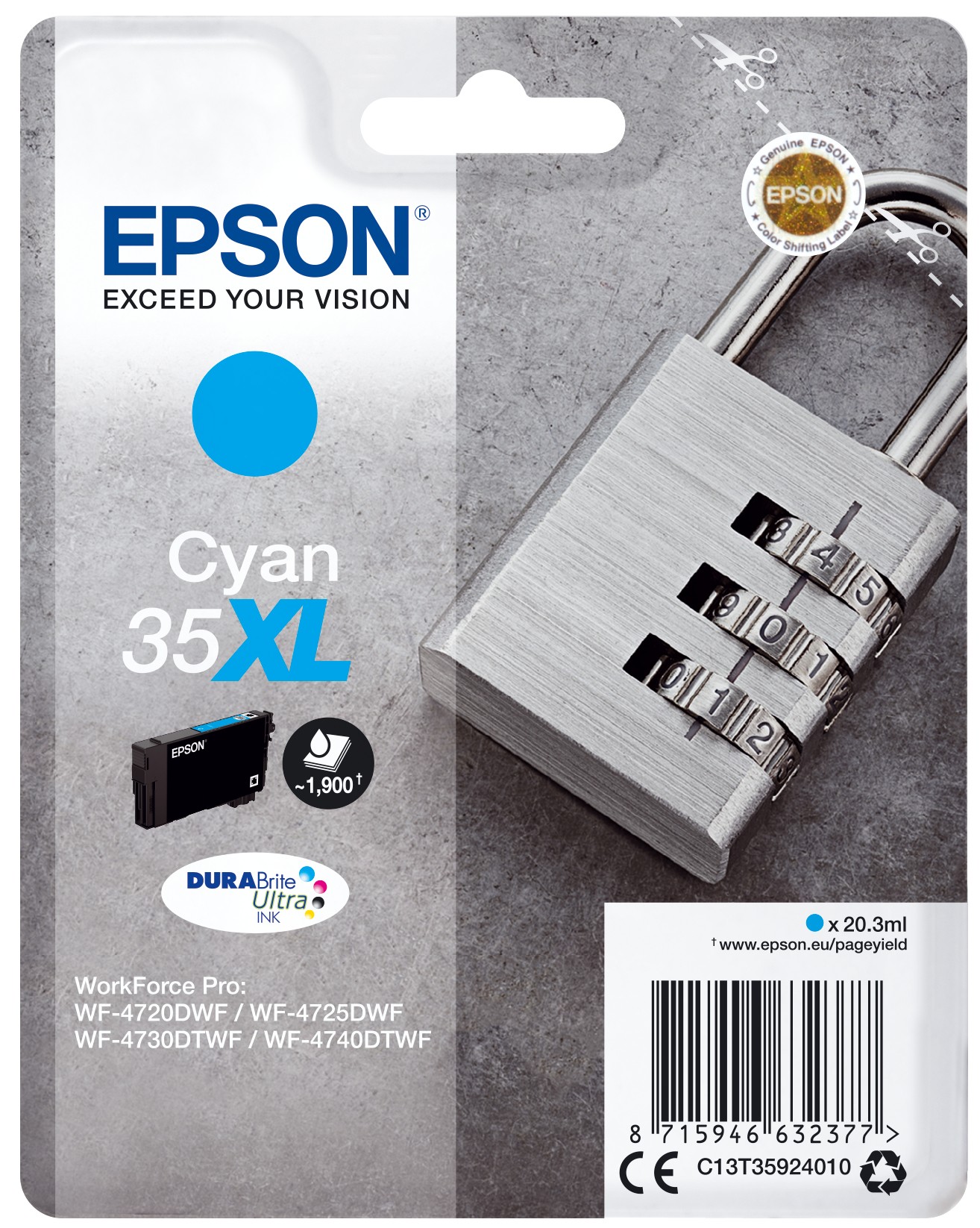 ORIGINALE Epson Cartuccia d'inchiostro ciano C13T35924010 35XL 1900 pagine 203ml