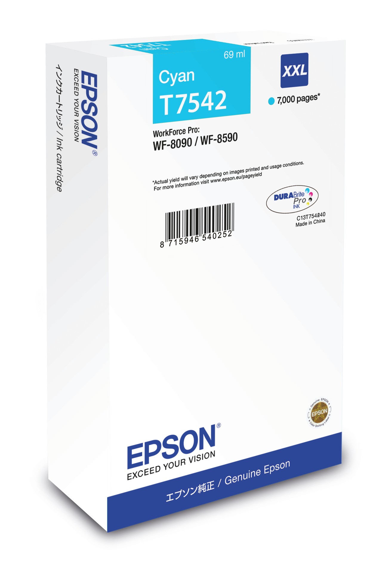 ORIGINALE Epson Cartuccia d'inchiostro ciano C13T754240 T7542 XXL 7000 pagine 69ml XXL