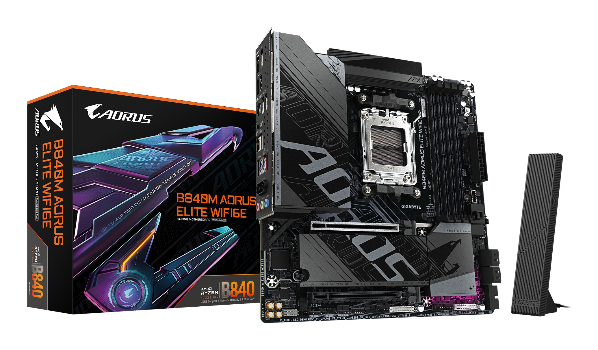 GIGABYTE B840M AORUS ELITE WIFI6E Scheda Madre  CPU AMD Ryzen 9000 VRM a 10+2+2 fasi fino a 8200 MHz DDR5 (O.C.) 2 x M.2 PCIe 4.0 Wi-Fi 6E LAN 2.5 GbE USB 3.2 Gen 2