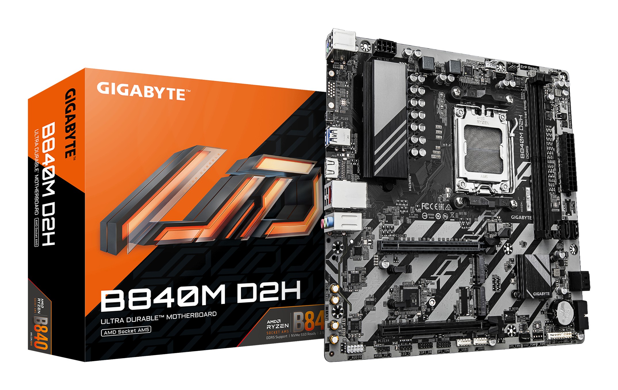 GIGABYTE B840M D2H Scheda madre - CPU AMD Ryzen 9000 VRM a 5+2+2 fasi fino a 7600 MHz DDR5 1xPCIe 4.0 + 1xPCIe 3.0 M.2 LAN 2.5GbE USB 3.2 Gen 1