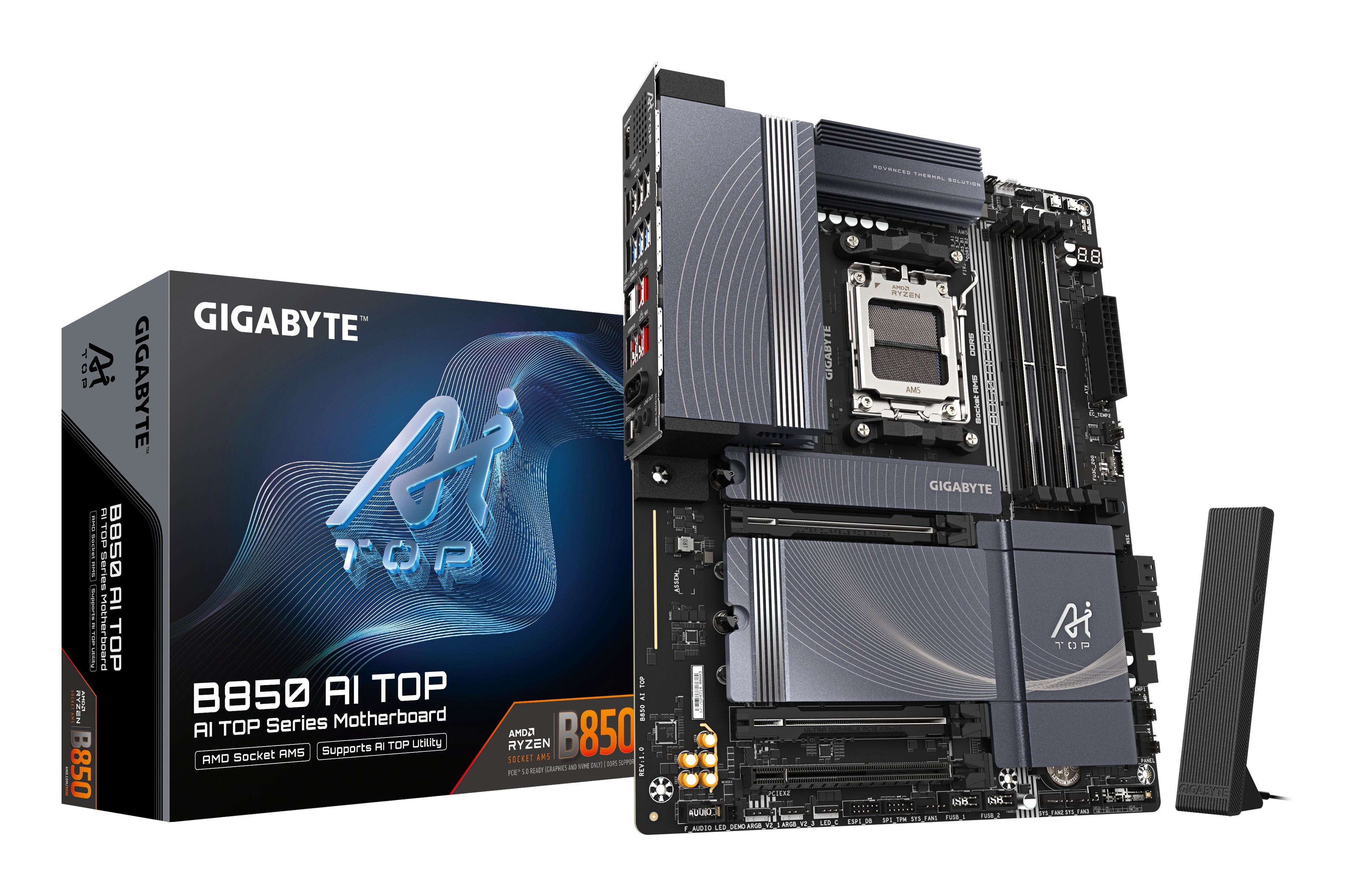 GIGABYTE B850 AI TOP Scheda Madre - Processori AMD Ryzen Serie 9000 16+2+2 fasi VRM digitali fino a 8600MHz DDR5 (OC) 2xPCIe 5.0 + 1xPCIe 4.0 M.2 LAN 10GbE WIFI 7 USB 3.2 Gen 2x2