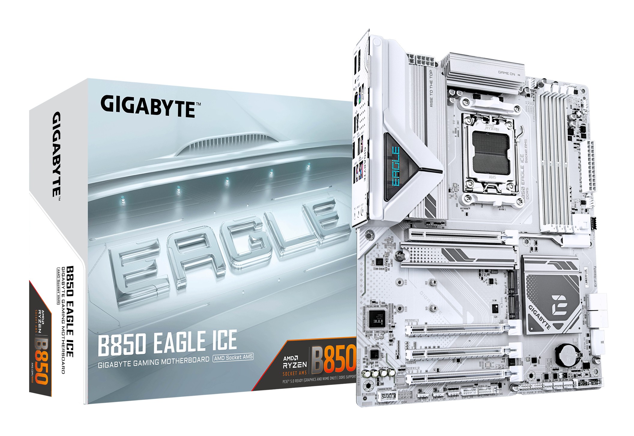 GIGABYTE B850 EAGLE ICE Scheda Madre  CPU AMD Ryzen serie 9000 VRM digitale a 8+2+2 fasi fino a 8200 MHz DDR5 (O.C) 1 x M.2 PCIe 5.0 + 2 x M.2 PCIe 4.0 LAN 2.5 GbE USB 3.2 Gen 2