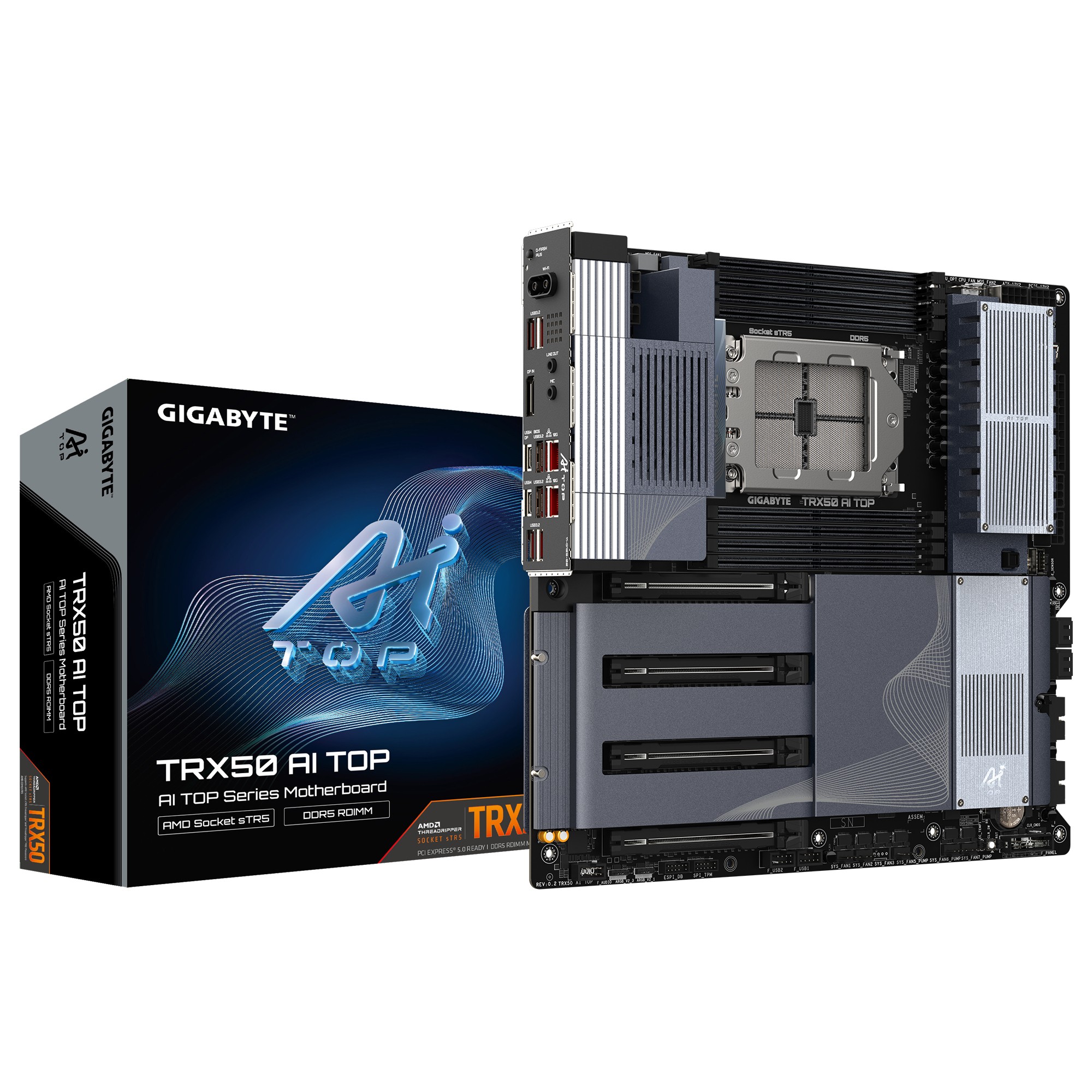 GIGABYTE TRX50 AI TOP - Supporta CPU AMD Ryzen PRO 7000 VRM Digitale a 16+8+4 Fasi fino a 5200MHz DDR5 (OC) 4xPCIe 5.0 + 4xPCIe 4.0 M.2 Wi-Fi 7 LAN 10GbE USB 3.2 Gen 2x2