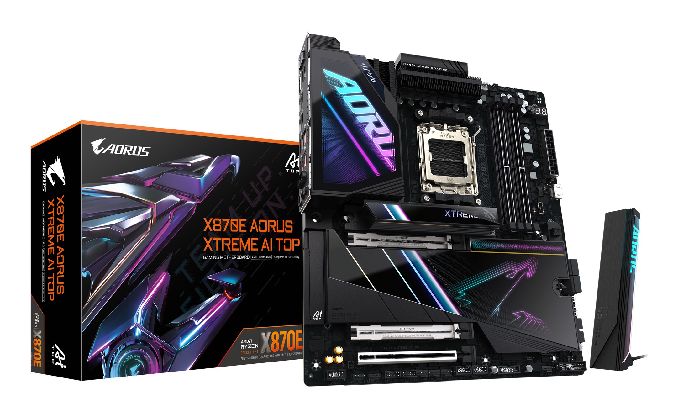 GIGABYTE X870E AORUS XTREME AI TOP Scheda madre - Supporta CPU AMD Ryzen serie 9000 VRM a 18+2+2 fasi fino a 8800 MHz DDR5 (OC) 1xPCIe 5.0 M.2 + 3xPCIe 4.0 M.2 WI-FI 7 LAN 10 GbE USB 4