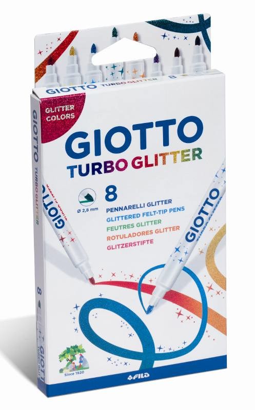 Giotto Turbo Glitter Confezione da 8 Pennarelli - Punta Fine 28mm - Inchiostro a Base Acqua - Lavabile - Colori Assortiti