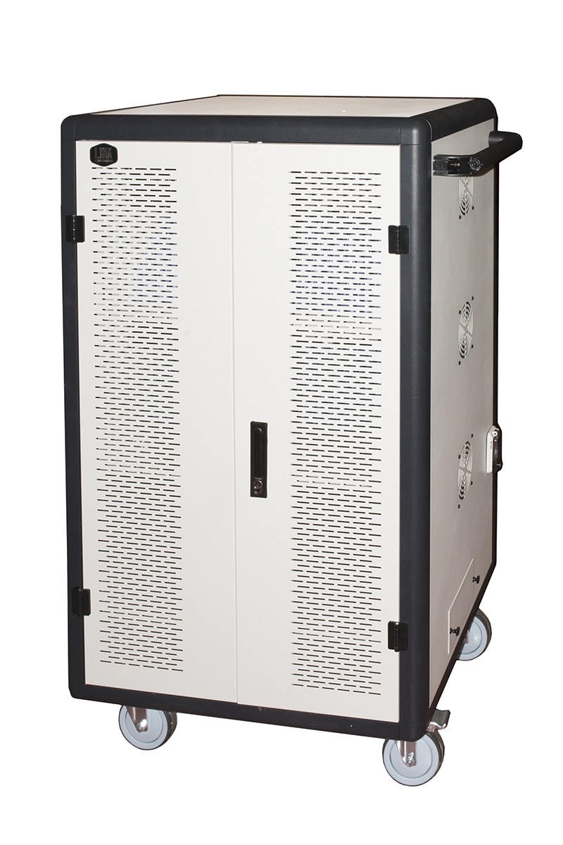 Armadio Alloggiamento 60 Tablet Con Ruote Multiprese Incluse Ventole Di Raffreddamento Porta In Acciaio Traforata Colore Grigio Nero