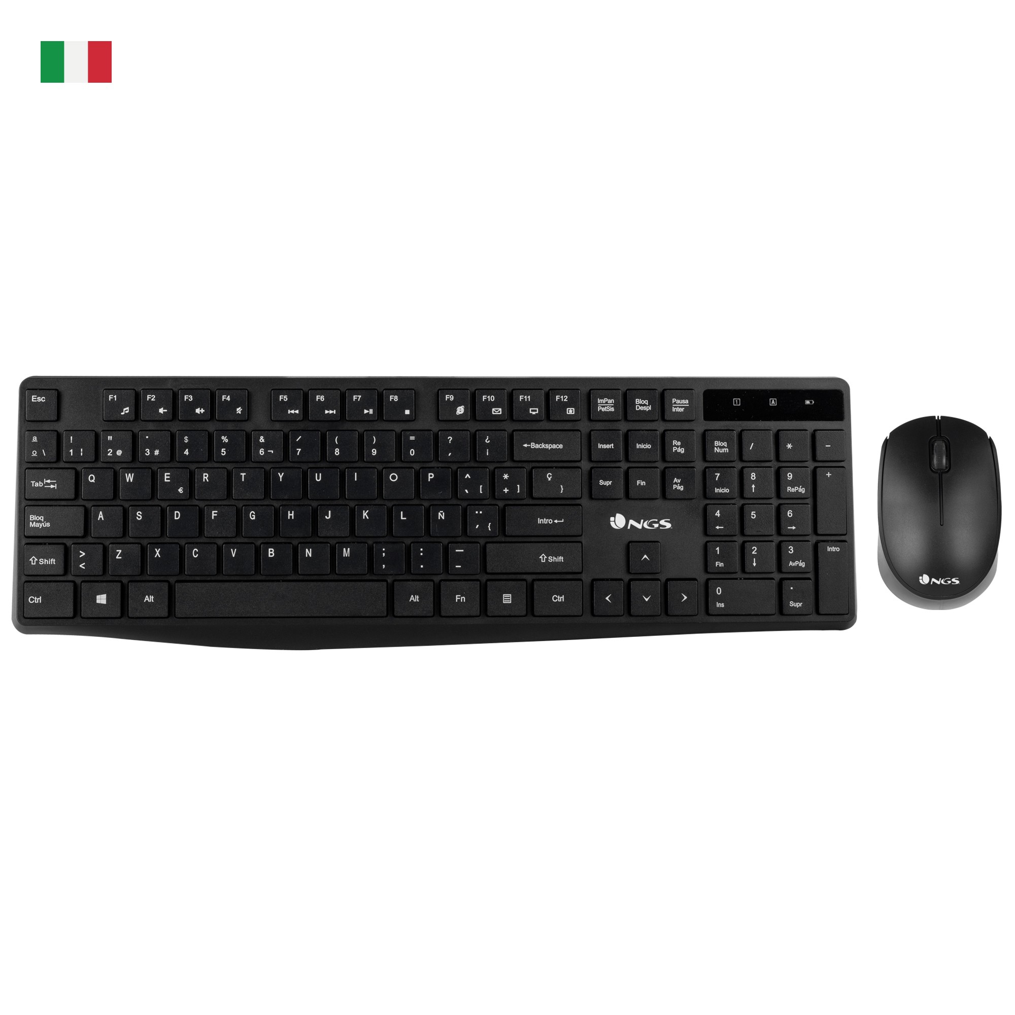 Tastiera e Mouse Wireless NGS 2.4ghz - QWERTY Italiana - 12 Tasti Multimediali - 1200 dpi - Colore Nero