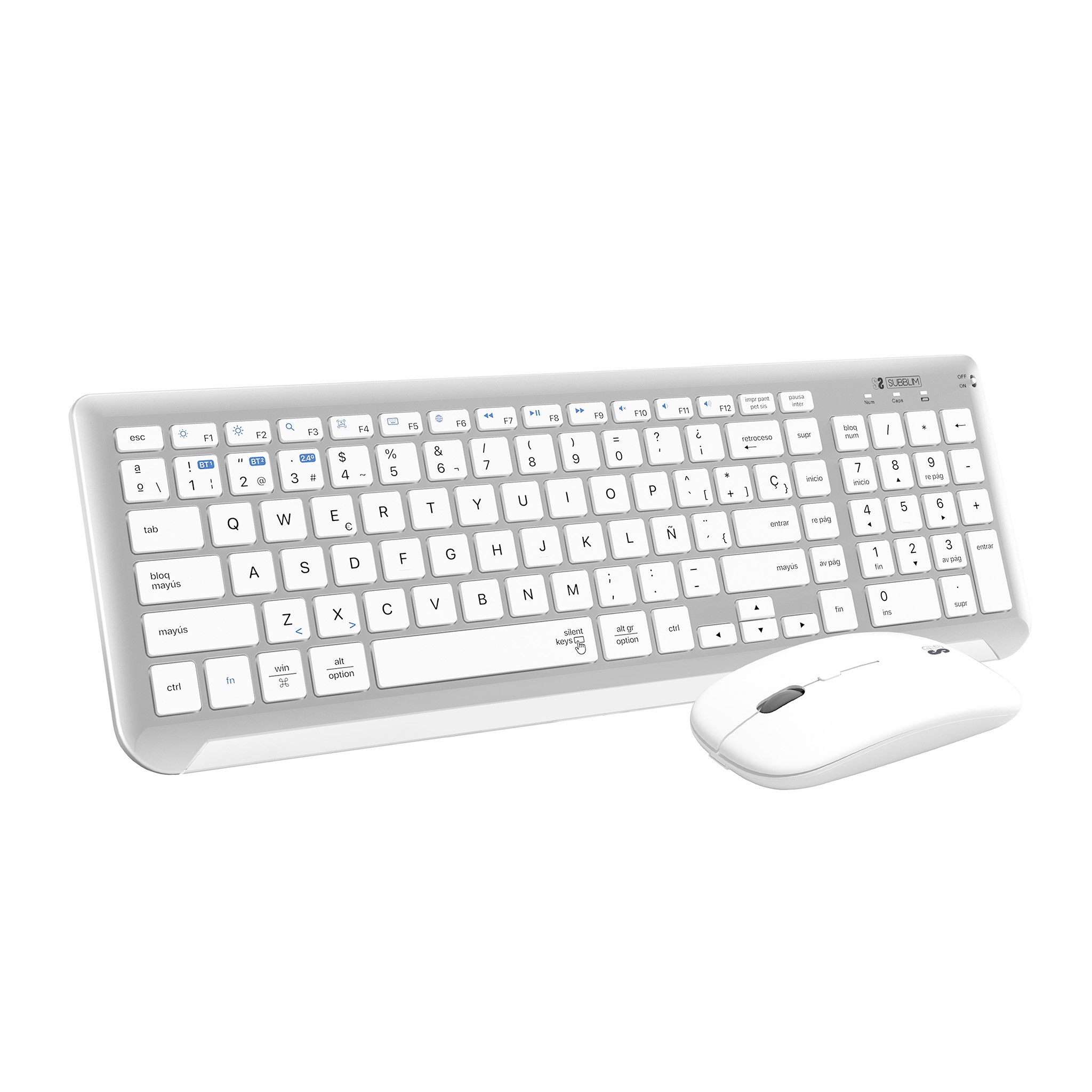 SUBBLIM SUBKBC-DCEP10 tastiera Mouse incluso Universale RF senza fili + Bluetooth QWERTY Spagnolo Argento Bianco