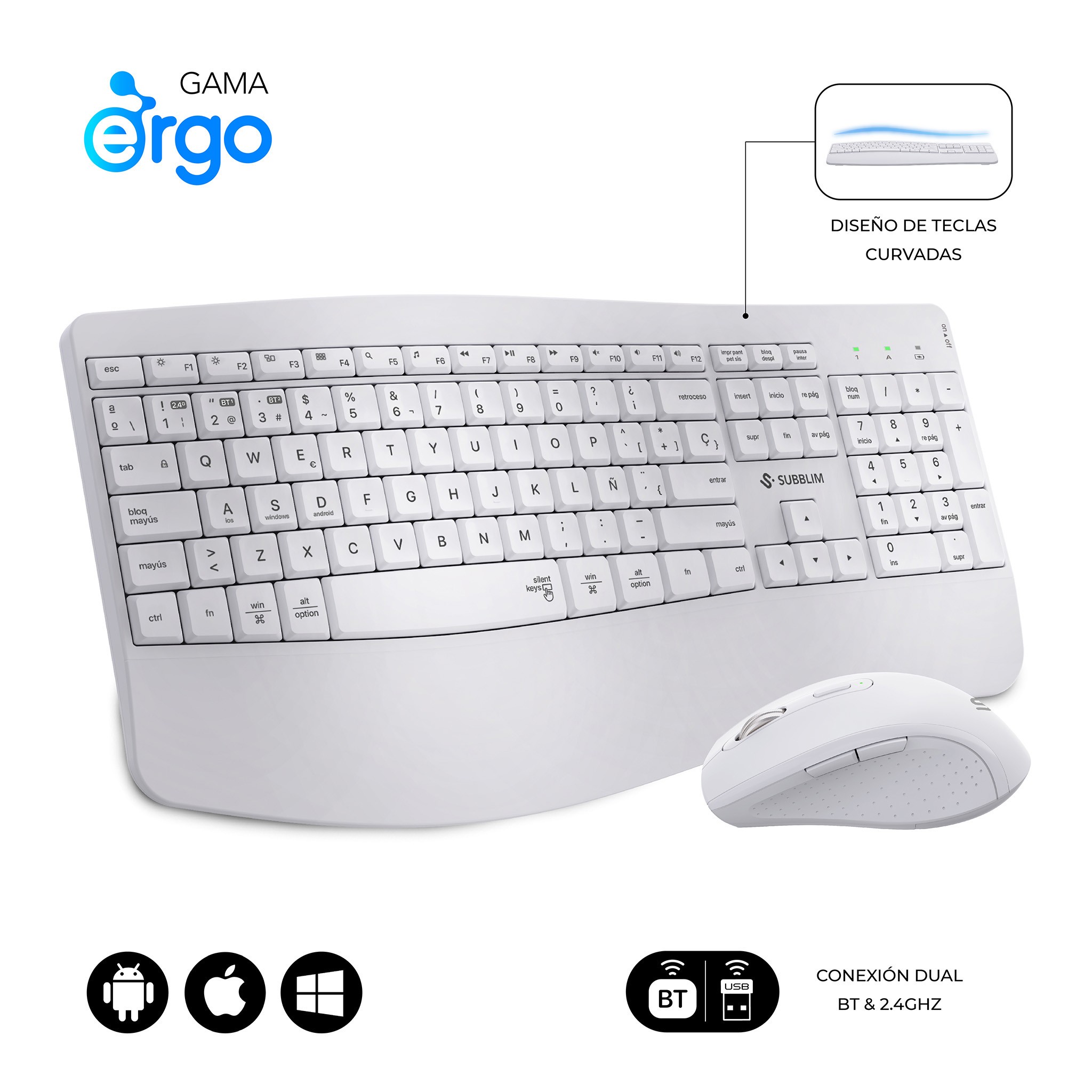 SUBBLIM SUBKBC-DCOPW1 tastiera Mouse incluso Casa/ufficio RF senza fili + Bluetooth QWERTY Spagnolo Bianco