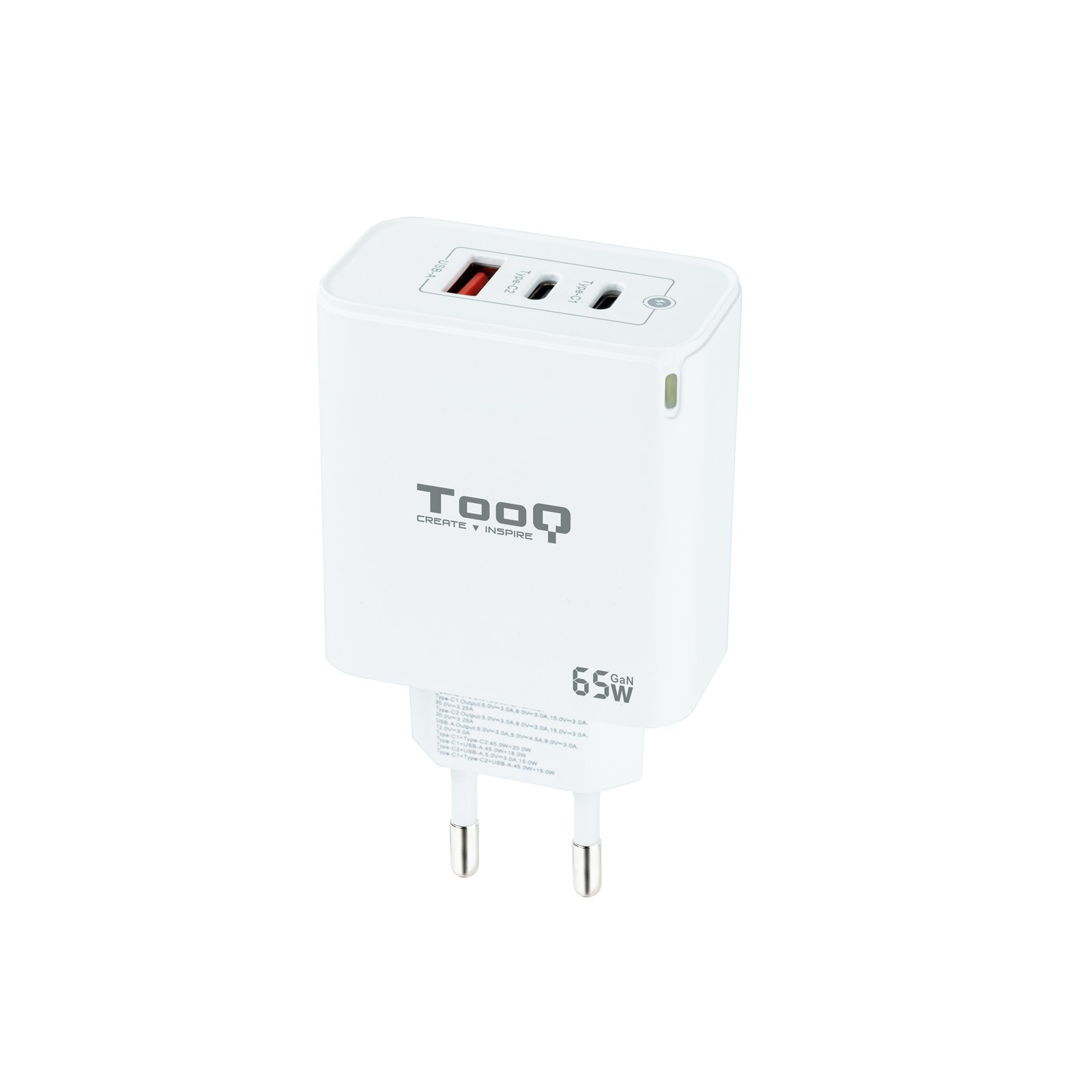 Tooq TQWC-GANQC2PD65WT - Caricatore Da Parete A 3 Porte Con Tecnologia Gan, 2 Porte USB-C Pd E 1 Porta USB-A Qc Da 65 W, Colore Bianco-image