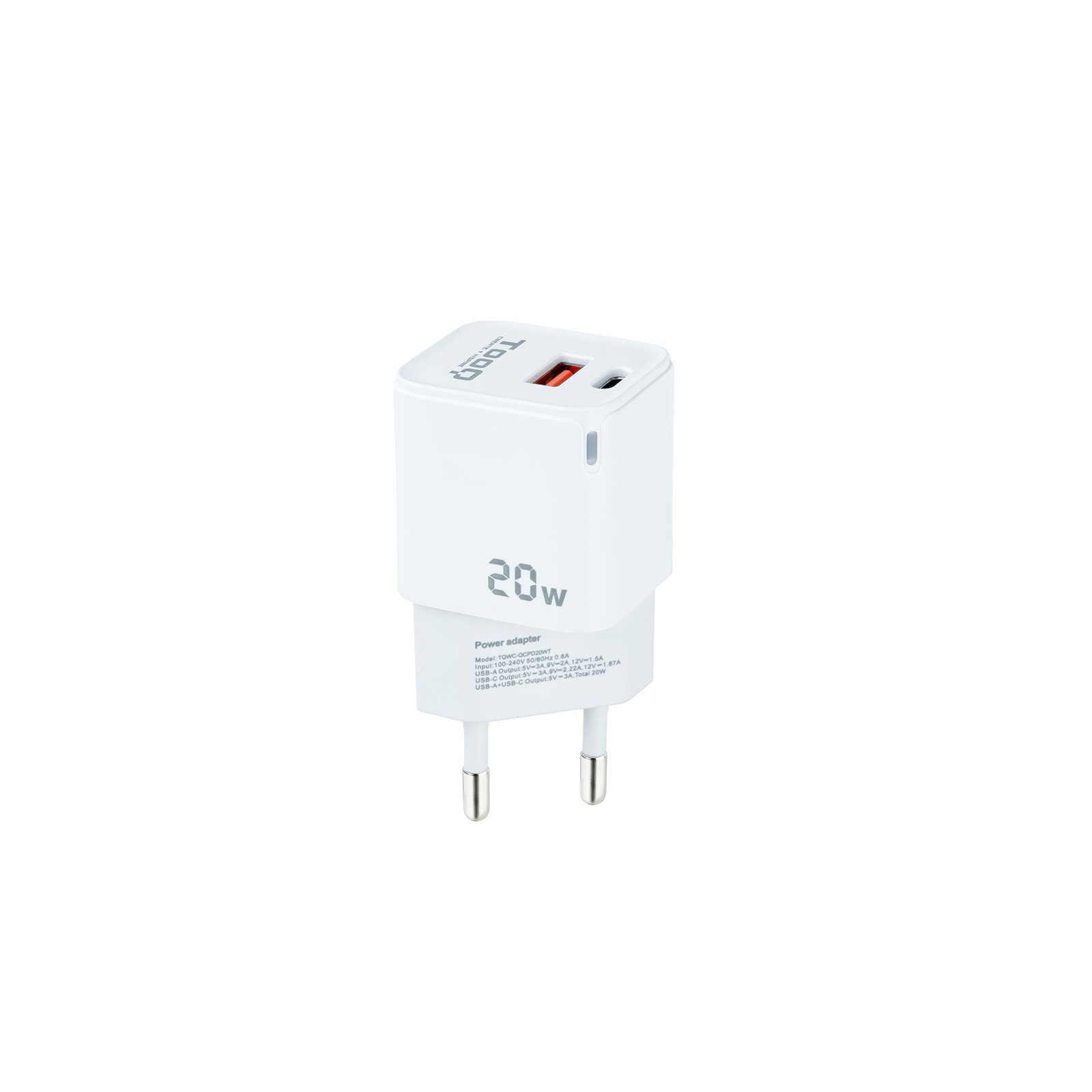 Caricabatterie da muro Tooq USB-C/PD + USB-A/QC 20W - Colore bianco