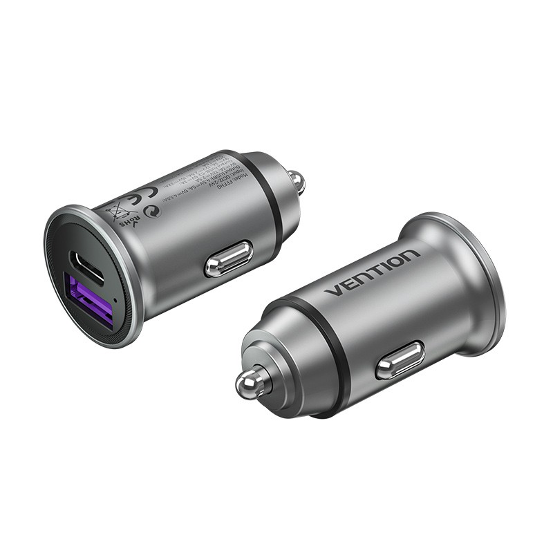 Caricabatteria da Auto Vention 30W 2xUSB (A+C) QC4.0 5A - Design Mini - Alluminio Grigio