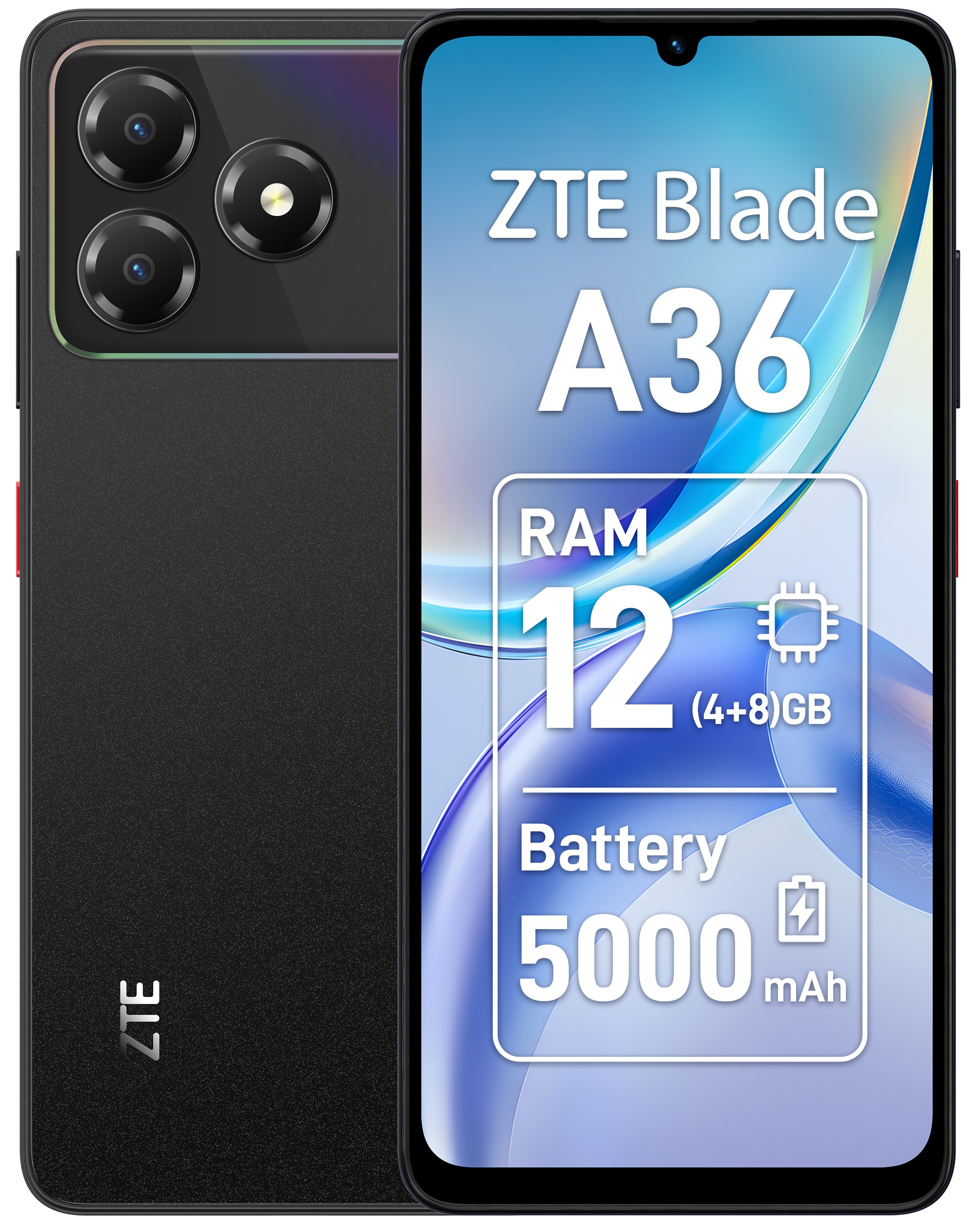 Zte Blade A36 Smartphone 4G, Memoria 64GB, Ram 12GB (4GB+8GB Memory Fusion), Batteria 5000Mah, Fotocamera 8Mpx Con Ai, Android 15, Nebula Black