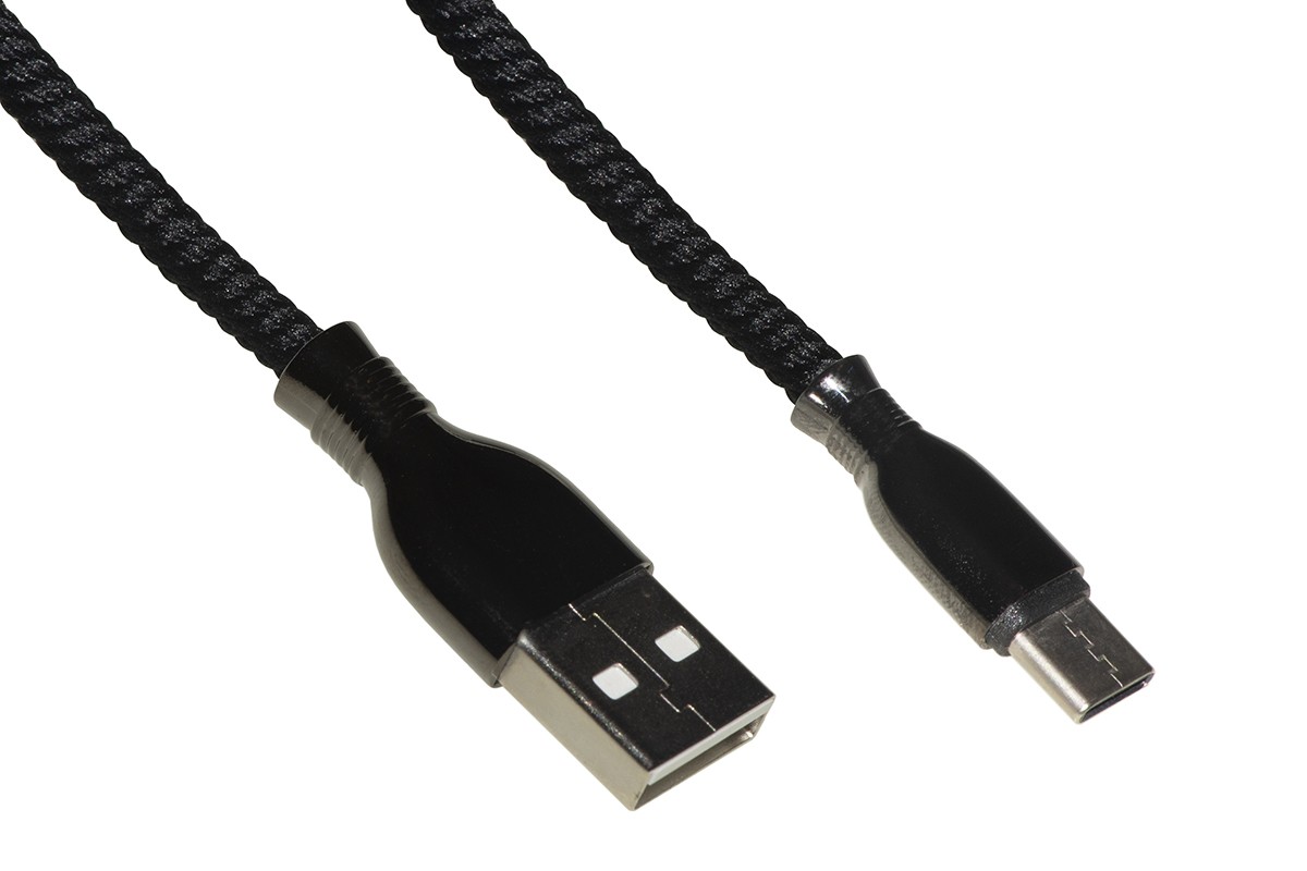 *Cavo Micro Usb Mt 1 Guaina Intrecciata Connettori Zinco-Alluminio Colore Nero Con Copriconnettore Rinforzato Per L'Estrazione