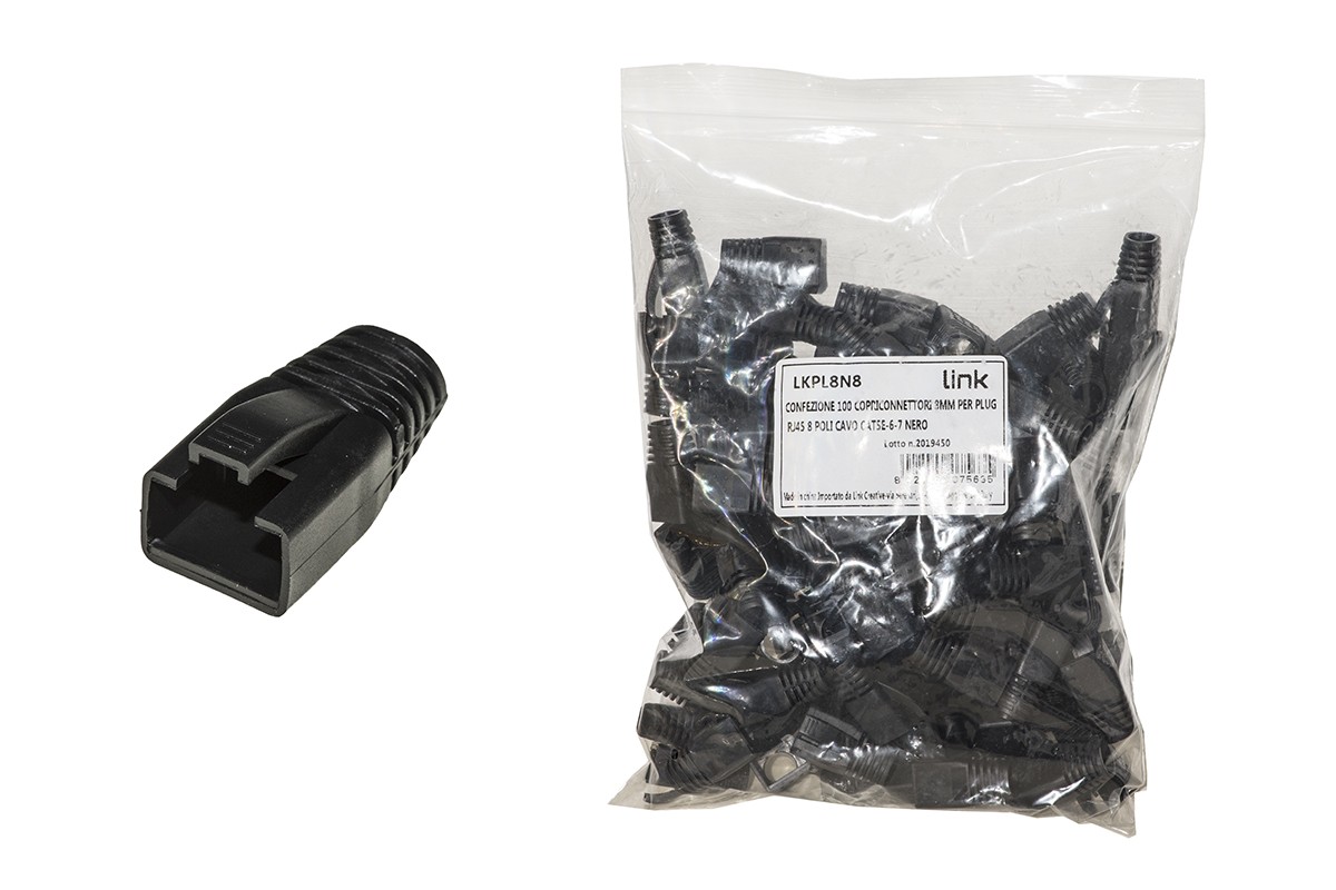 Confezione 100 Copriconnettori 8Mm Per Plug Rj45 8 Poli Cavo Cat 5E-6-7 Nero