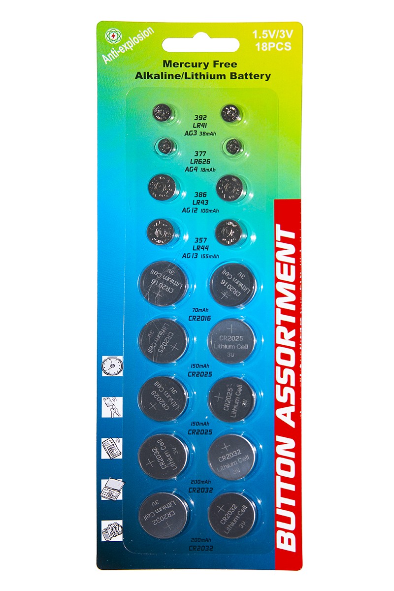 Assortimento 18 Batterie A Bottone Assortite 2 Lr41 2 Lr626 2 Lk43 2 Lr44 4 Cr2032 4 Cr2025 2 Cr2016