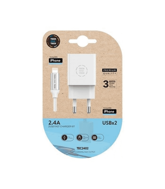 TechOneTech Caricatore da rete + Cavo da USB-A a Lightning 1m - Rivestito in Nylon Intrecciato