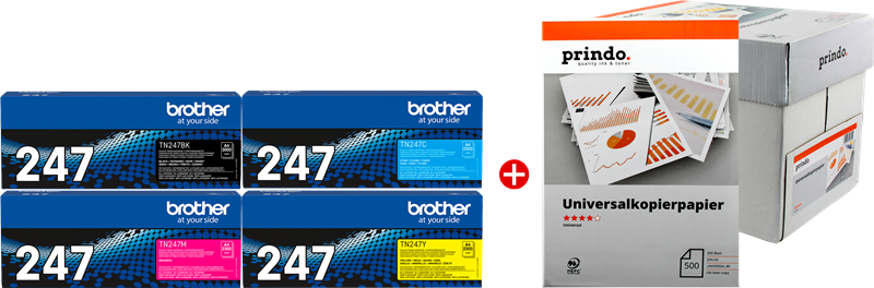 ORIGINALE Brother Value Pack nero / ciano / magenta / giallo TN-247 MCVP 01 + Prindo Universal Papier 2500 Blatt 9900 pagine