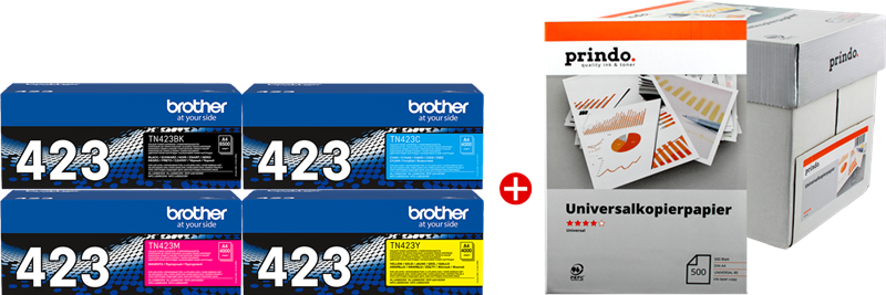 ORIGINALE Brother Value Pack nero / ciano / magenta / giallo TN-423 MCVP + Prindo Universal Papier 2500 Blatt 18500 pagine