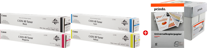 Canon Value Pack nero / ciano / magenta / giallo C-EXV49 MCVP + Prindo Universal Papier 2500 fogli 93000 pagine