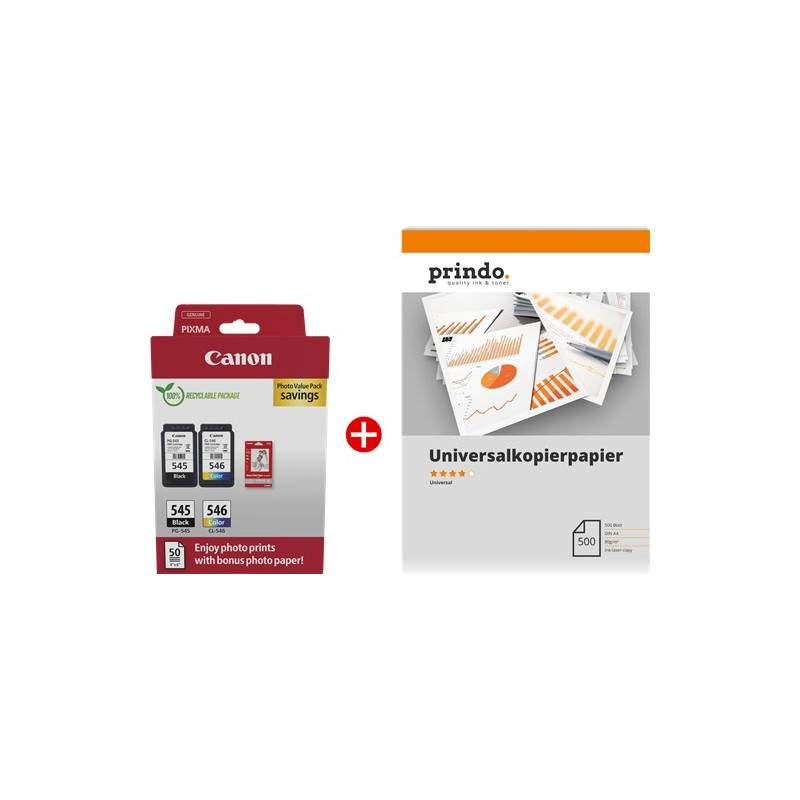 ORIGINALE Canon Value Pack nero / differenti colori / Bianco / Bianco PG-545+CL-546 MCVP + Prindo Universal Papier 500 Blatt 360 pagine