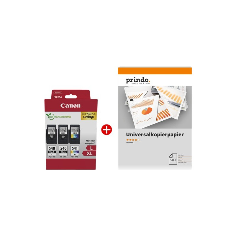 ORIGINALE Canon Value Pack nero / differenti colori / Bianco PG-540L+CL-541XL MCVP + Prindo Universal Papier 500 Blatt 700 pagine