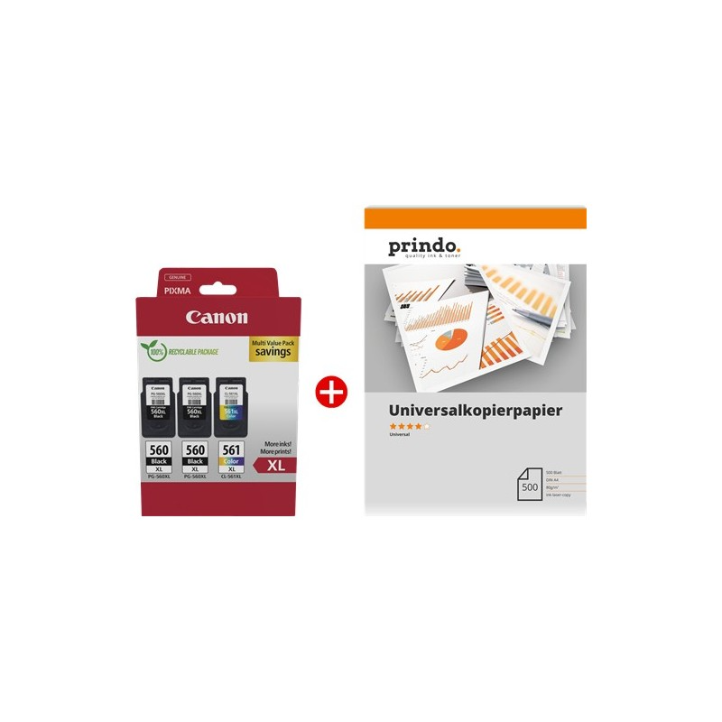 ORIGINALE Canon Value Pack nero / differenti colori / Bianco PG-560XL+CL-561XL MCVP + Prindo Universal Papier 500 Blatt 700 pagine