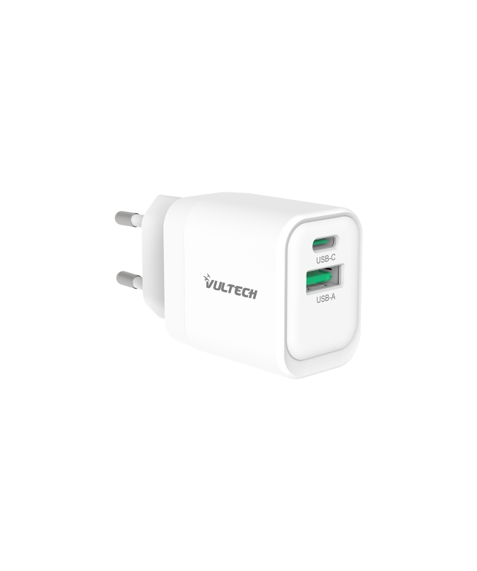 Vultech Caricatore Adattatore Universale 1 X Type-C Pd30 E 1 X Usb Qc3.0 Gan Pps 33W Bianco Compa