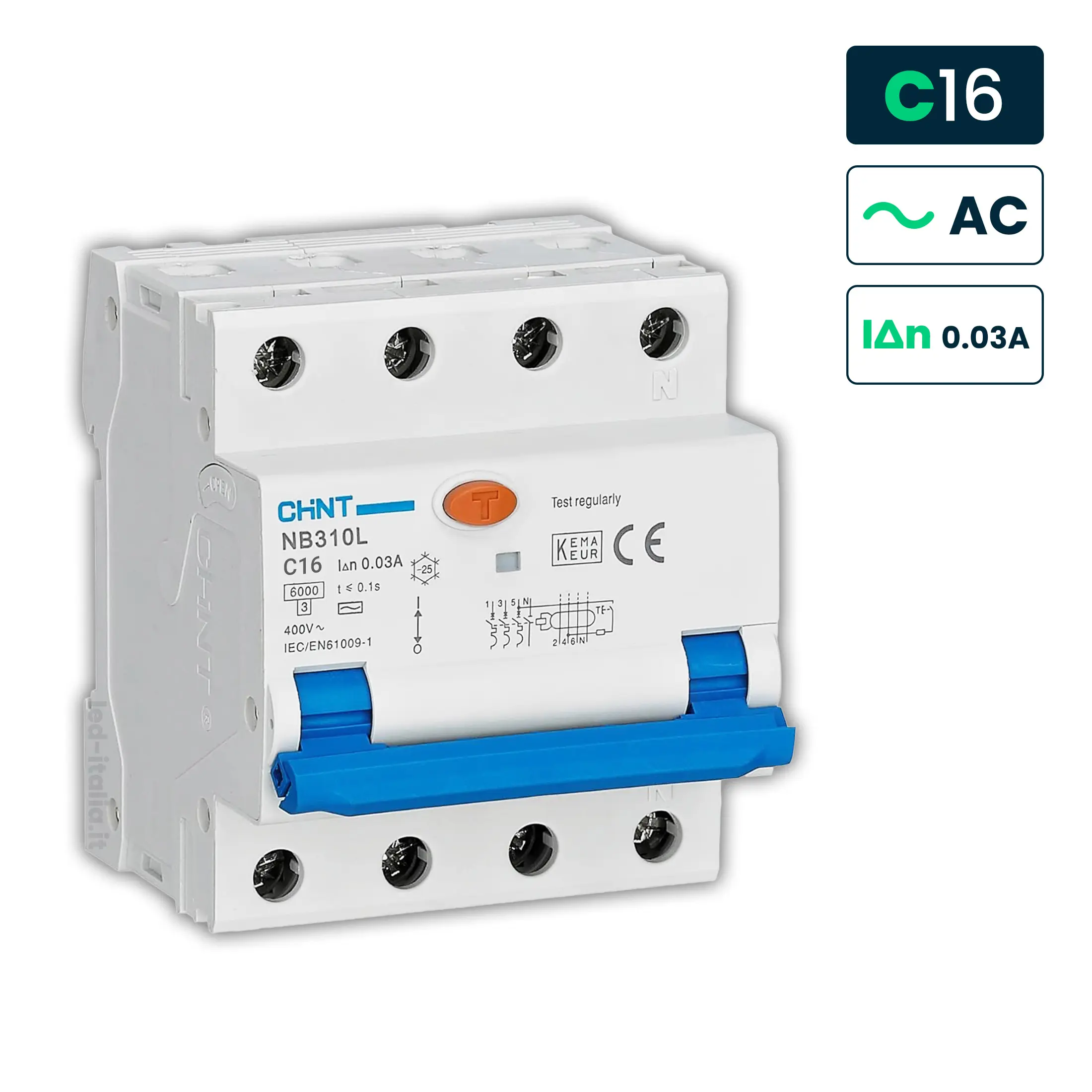 Interruttore Magnetotermico Differenziale Chint Tipo Ac Curva C 3P+N 4M 6Ka 16A 30Ma 400V