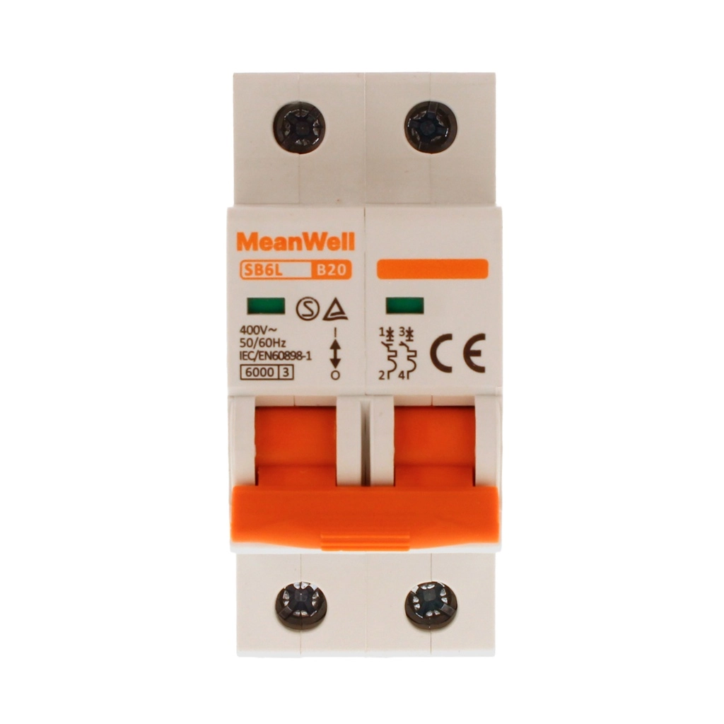 Interruttore Magnetetermico Meanwell Curva B 2P 2M 6Ka B20A Ac 400V Ip20 Iec60898