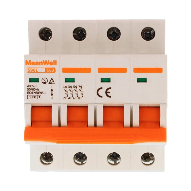 Interruttore Magnetetermico Meanwell Curva C 4P 4M 6Ka C63A Ac 400V Ip20 Iec60898