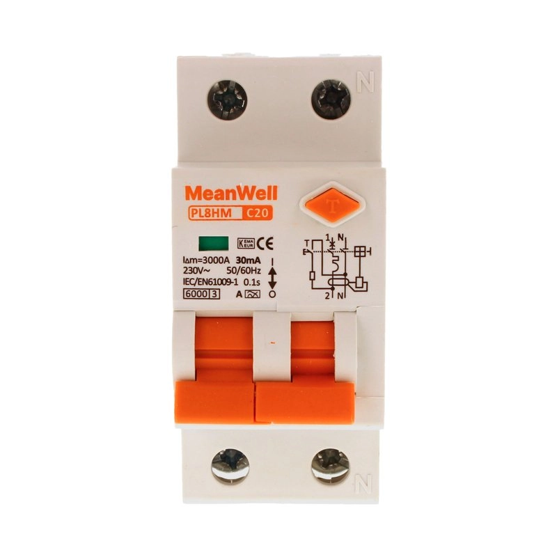 Magnetotermico Differenziale Meanwell Tipo A Curva C 1 Polo+Neutro 2M 6Ka 30Ma C20A 230V Ip20 Iec61009