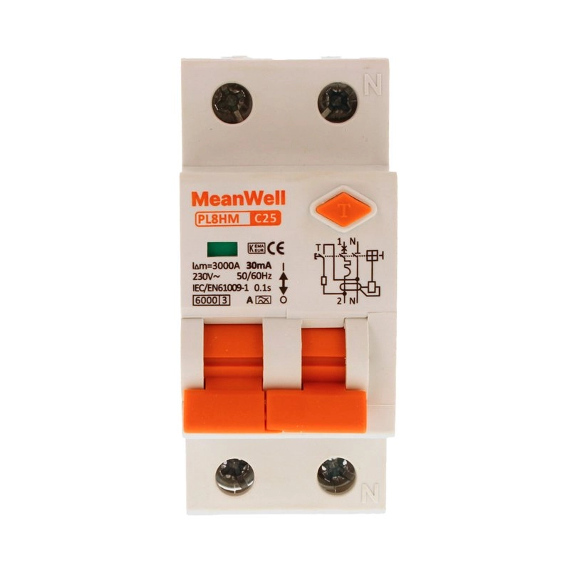 Magnetotermico Differenziale Meanwell Tipo A Curva C 1 Polo+Neutro 2M 6Ka 30Ma C25A 230V Ip20 Iec61009