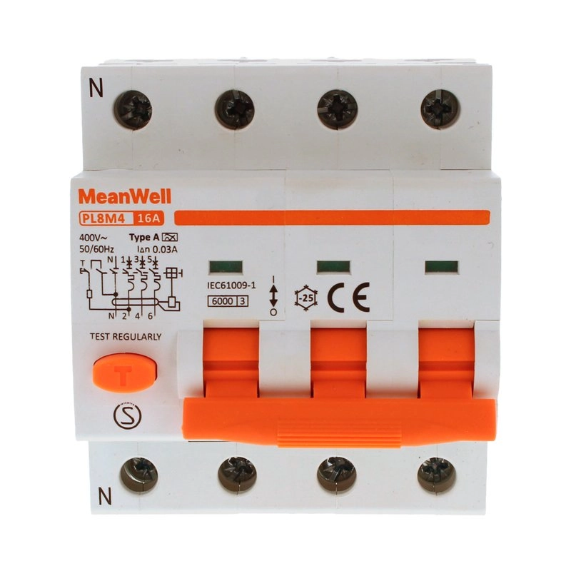 Magnetotermico Differenziale Meanwell Tipo A Curva C 3P+Neutro 4M 6Ka 30Ma C16A 400V Ip20 Iec61009