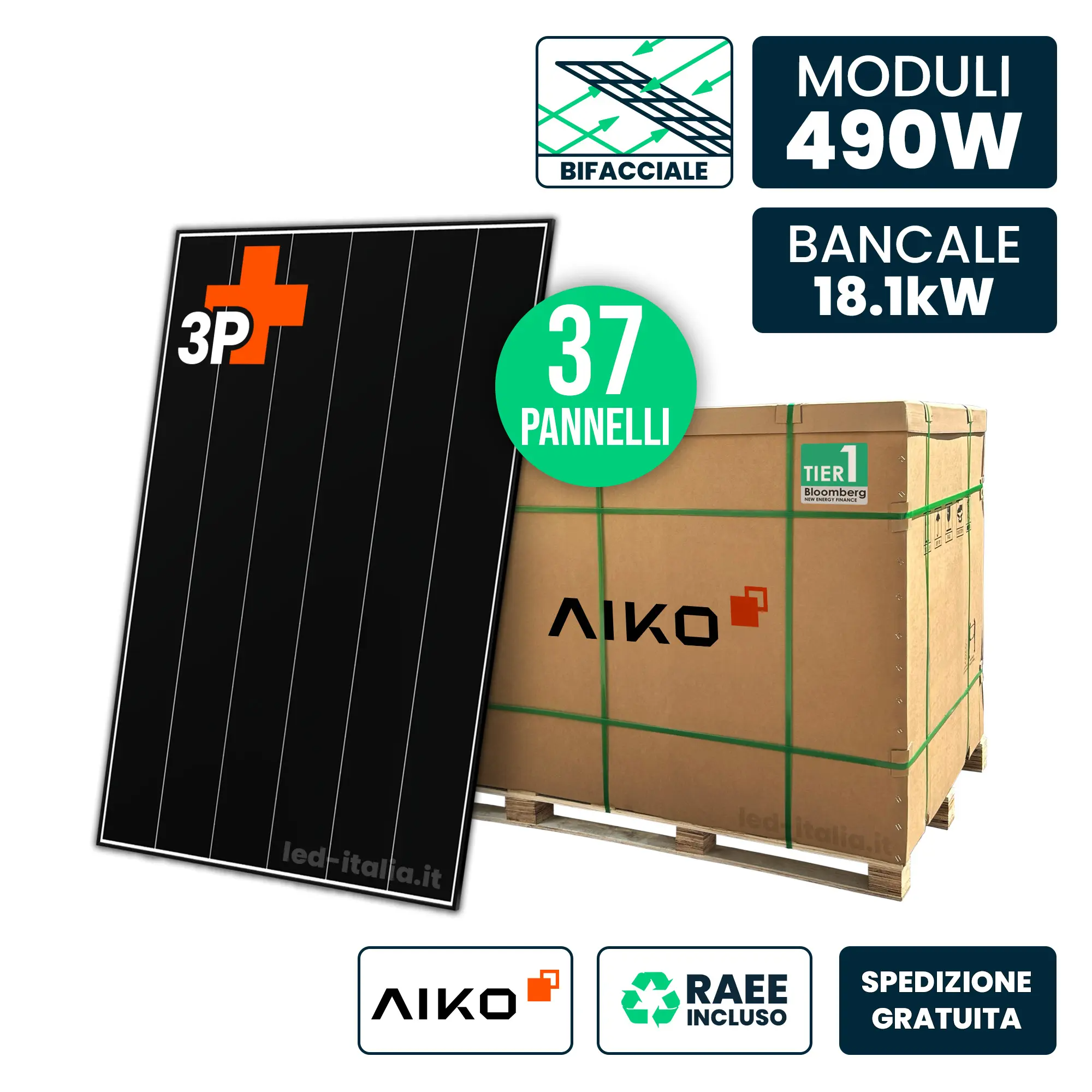 V-TAC Bancale 18kW con 37 Pannelli Solari AIKO 490W TIER-1 N-Type ABC Bifacciali Black Frame 1762x1134x30mm