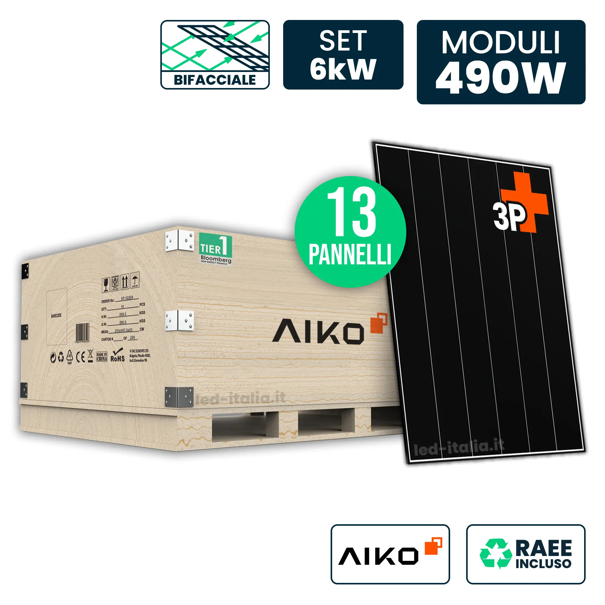 V-TAC Set 6kW con 13 Pannelli Solari AIKO 490W TIER-1 N-Type ABC Bifacciali Black Frame 1762x1134x30mm