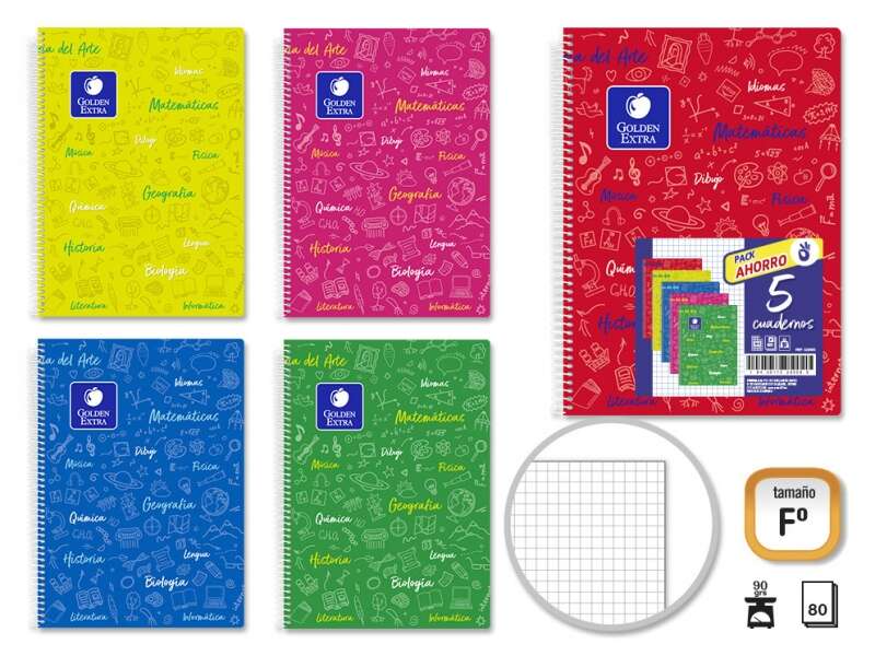 Confezione Golden da 5 Quaderni Soggetto Folio 80 Fogli 90gr Griglia 4x4 - Resistente - Copertina Rigida - Ideale per Studenti - Colori Assortiti