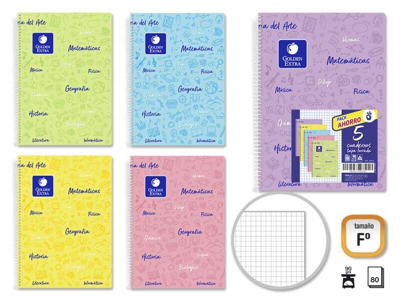 Confezione Golden da 5 Quaderni Soggetto Folio 80 Fogli 90gr Griglia 4x4 - Resistente - Ideale per Studenti - Copertina Flessibile - Colori Pastello Assortiti