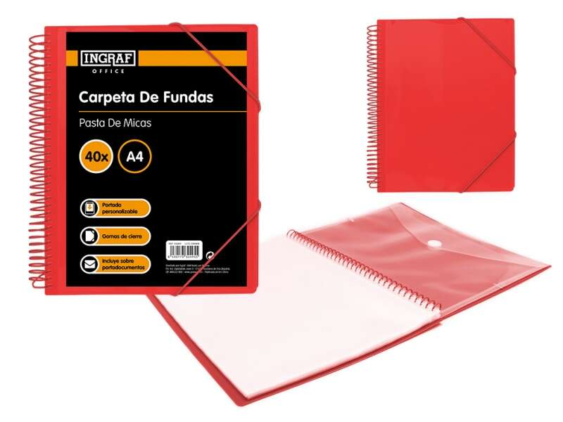 Cartella Ingraf 40 Copertine A4 + Busta con Chiusura - Spirale in Plastica Indeformabile - Apertura a 360 Gradi - Copertina Personalizzabile - Colore Rosso