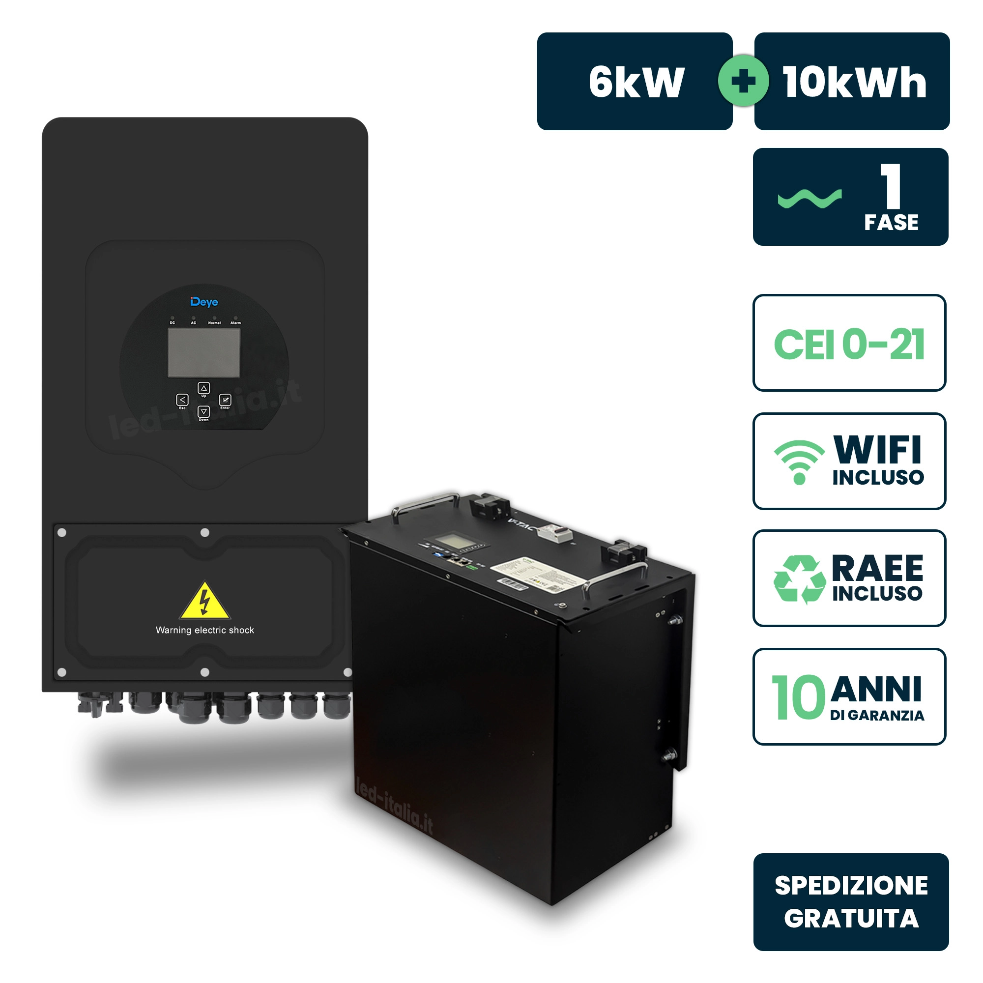 Kit Fotovoltaico Monofase 6Kw Con Inverter Ibrido Deye Nero E Batteria Lifepo4 10Kwh Doppio Mppt Cei 0-21 Wifi Garanzia 10 Anni (115291 + 11523)