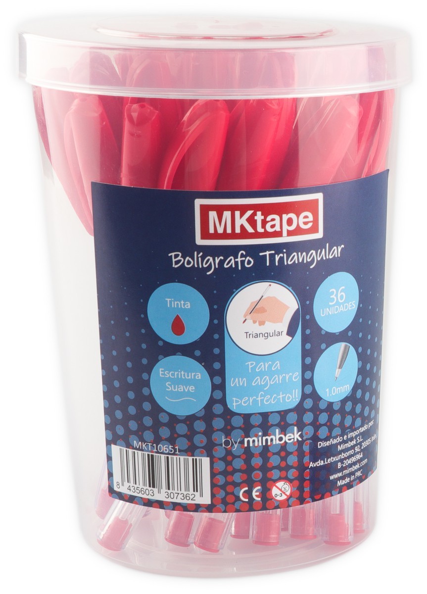 MKtape Confezione da 36 penne a sfera triangolari - Punta tonda da 10 mm - Scrittura liscia - Colore rosso